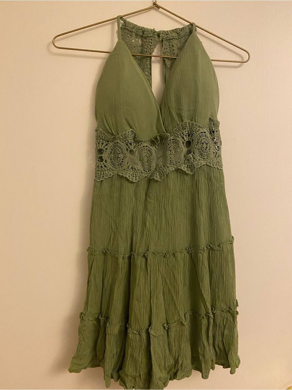 Olive Green Boho Crochet Lace Halter Dress – Tiered Ruffle Maxi/Midi